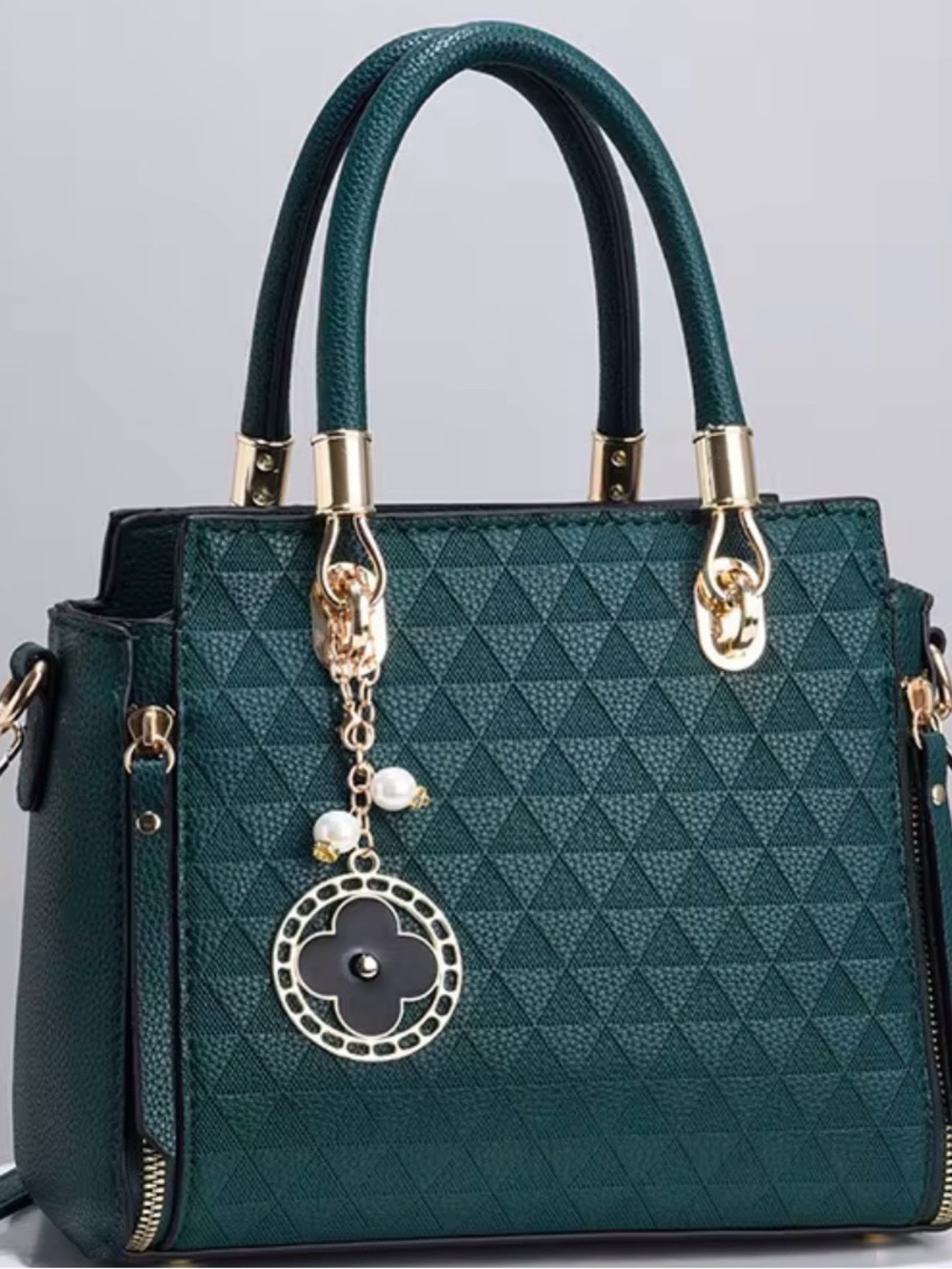 Textured Emerald Green Satchel with Gold Accents
